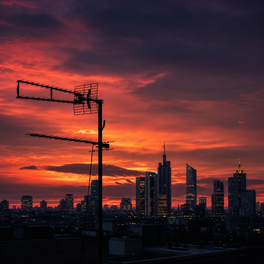 Professional TV antenna installation at dusk