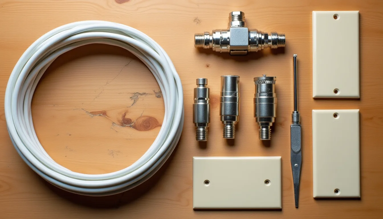 Overhead view on a pale timber workbench of television antenna parts laid out in a row: a coil of white coaxial cable, a metal signal splitter, three silver screw-on connectors, a stripping tool and three blank cream wall plates