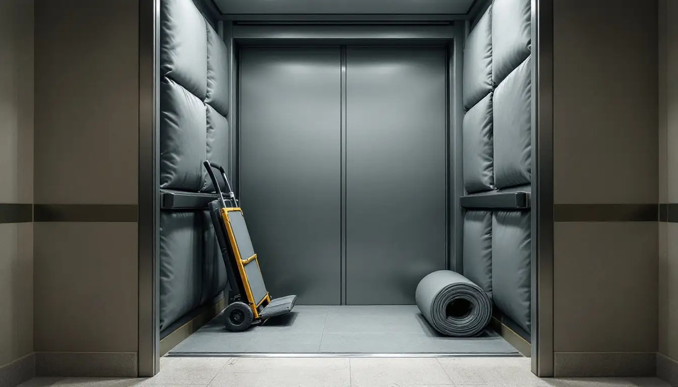 Apartment building service lift with its doors open, the interior walls hung with thick quilted grey protective blankets clipped to rails, a folded hand trolley leaning against one padded wall and a roll of grey floor protection lying on the lift floor