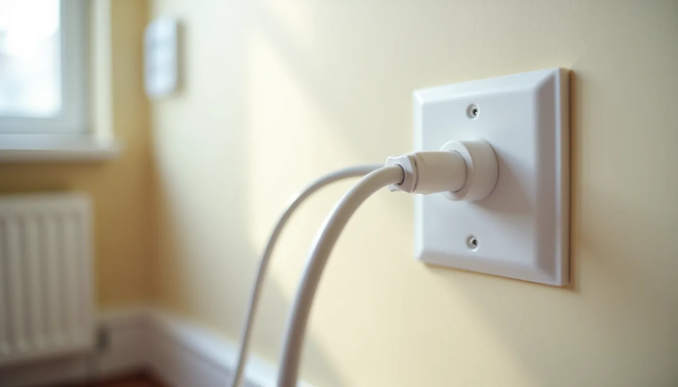 White coaxial television wall outlet plate on a painted apartment wall with an aerial lead plugged into it, lit by soft daylight from a window