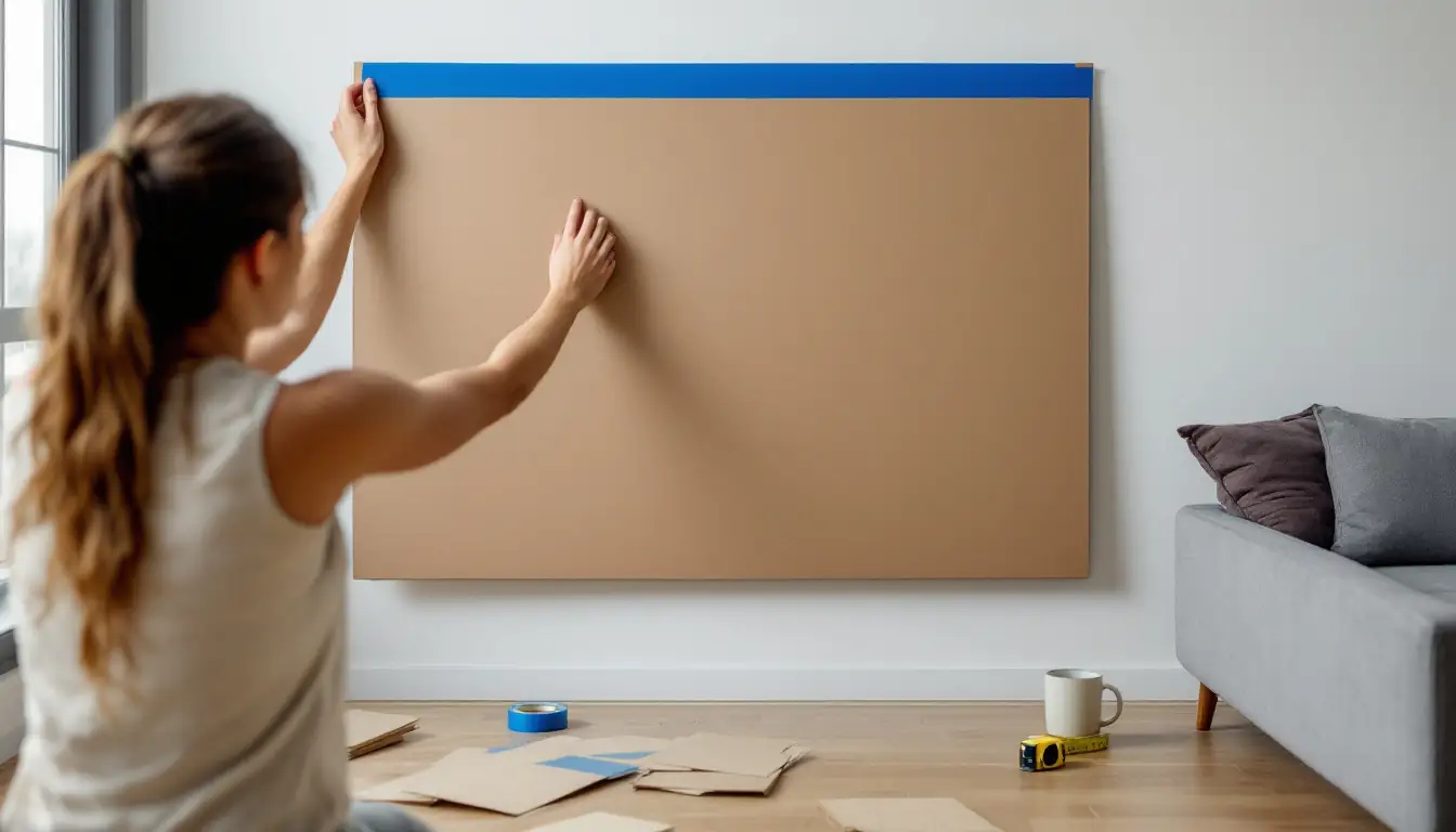 Person kneeling in a bare living room holding a large blank sheet of brown corrugated cardboard flat against a white wall and taping its top corner in place with blue masking tape, with cardboard offcuts, a roll of tape and a tape measure on the timber floor below and a grey sofa at the edge of the room