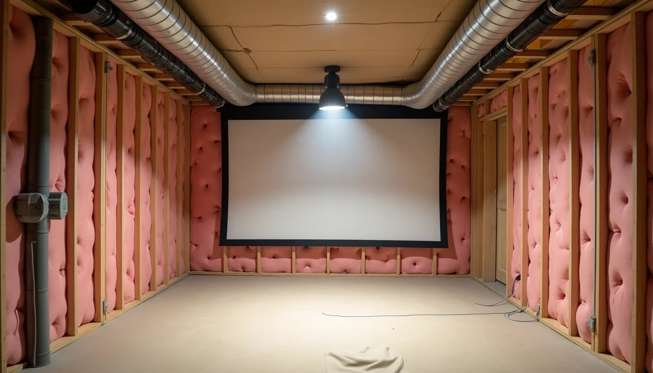 Room under construction as a home cinema, with timber stud walls filled with pink insulation batts, exposed ductwork across the ceiling, a projection screen frame already mounted on the end wall, cables lying on the bare floor and a work light throwing hard light across the space