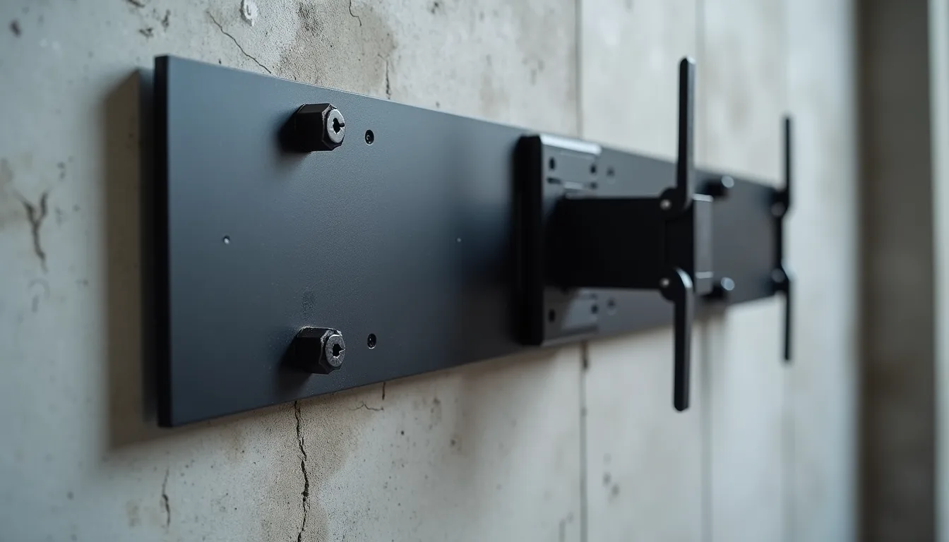 Close-up of a heavy black steel television wall bracket bolted flat to a grey concrete wall with hex-head masonry anchors, its mounting arms extending out from the rail, shot at a low angle in raking light