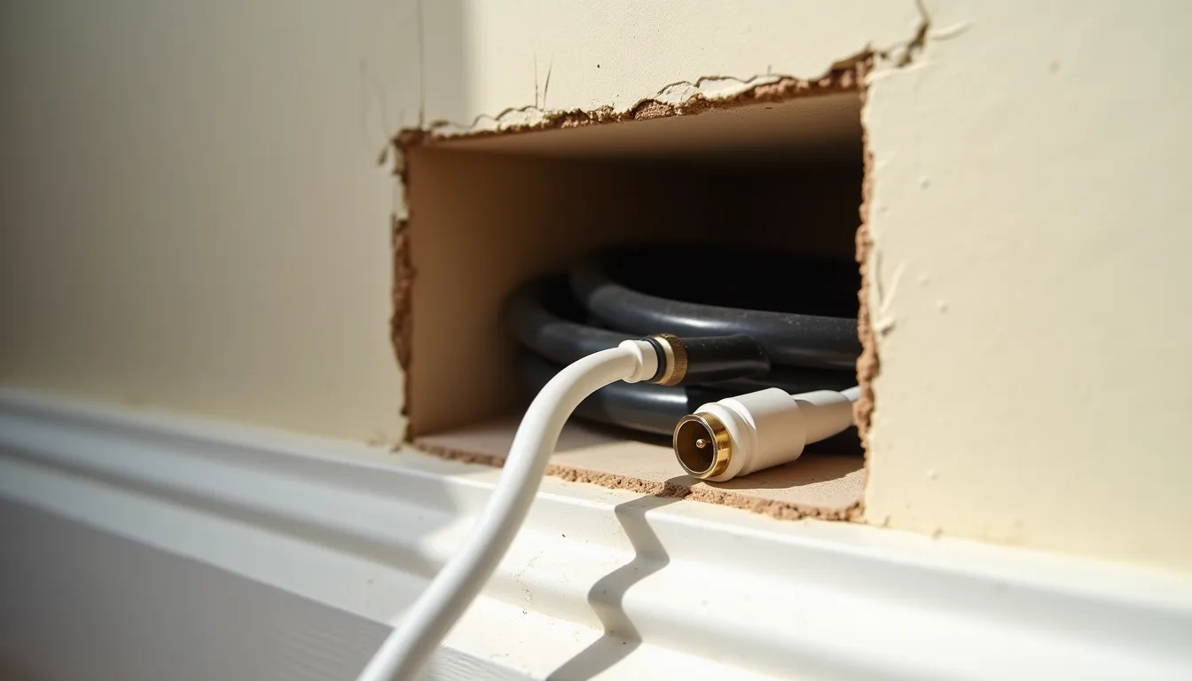 Close-up of a rectangular opening cut low in a plasterboard wall with white coaxial leads and a dark cable bundle pulled through it, one connector resting on the sill in raking daylight