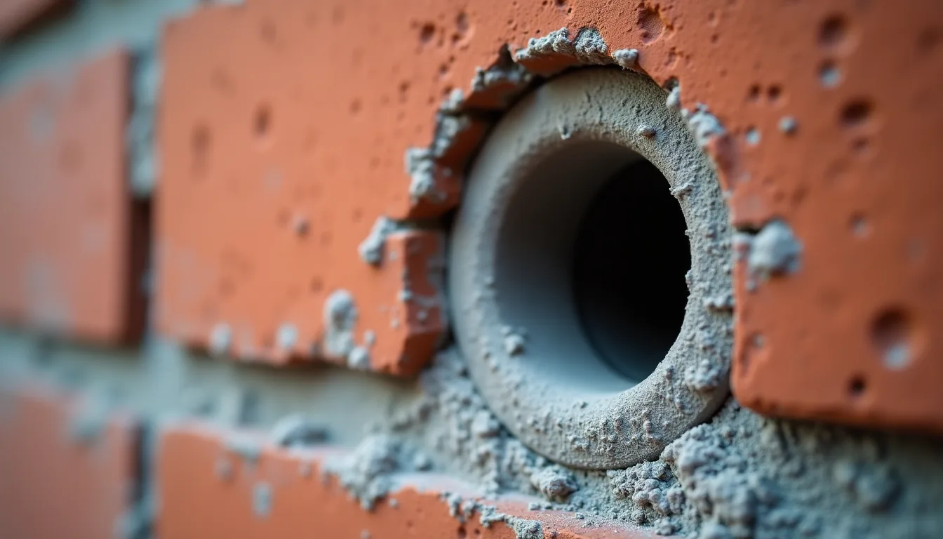 Extreme close-up of a freshly drilled hole in the face of a red clay brick, ringed with pale grey dust and debris, with the mortar joints of the surrounding brickwork out of focus behind