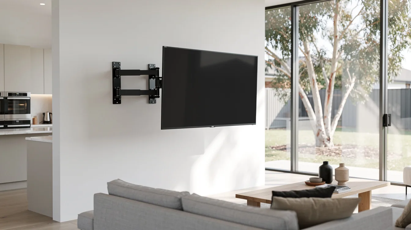 Full-motion TV bracket extended on its arm away from a lounge room wall