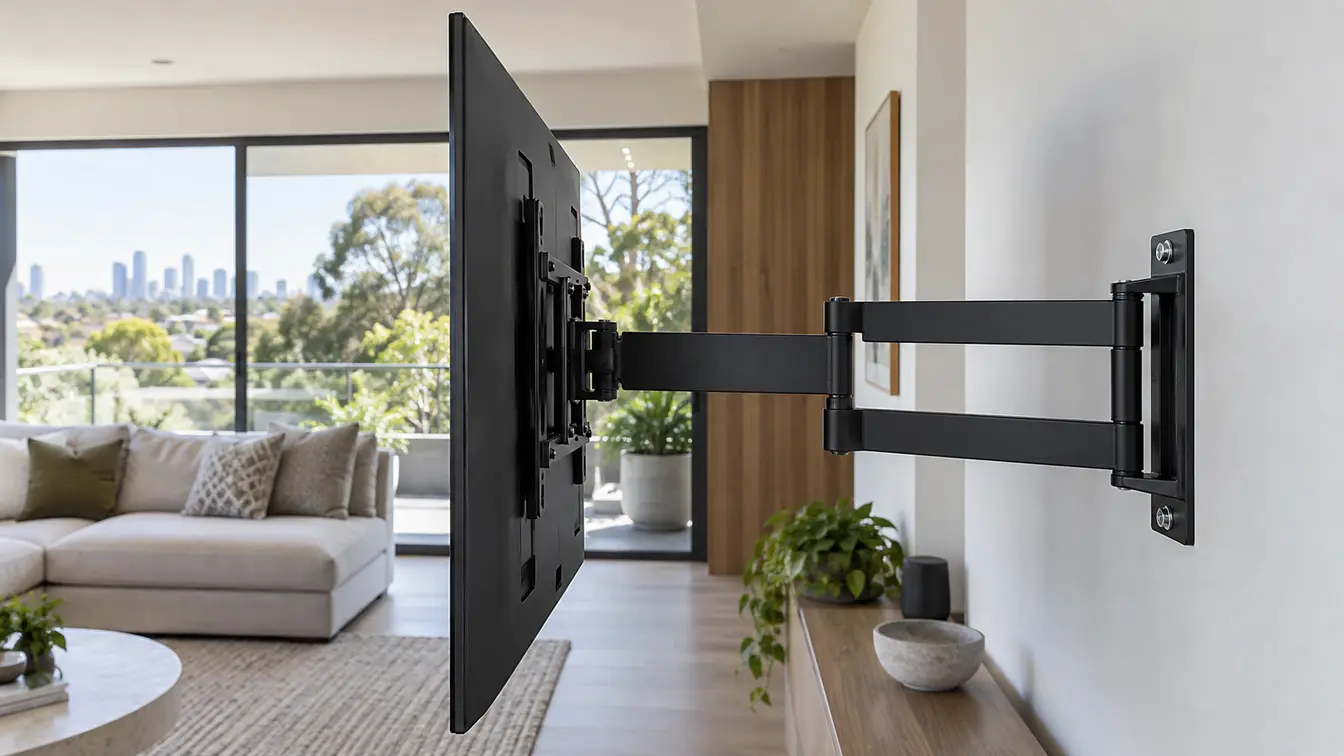 Side view of a large television held far from the wall on a fully extended articulated bracket, clearly showing the long lever arm and the increased load placed on the wall fixings