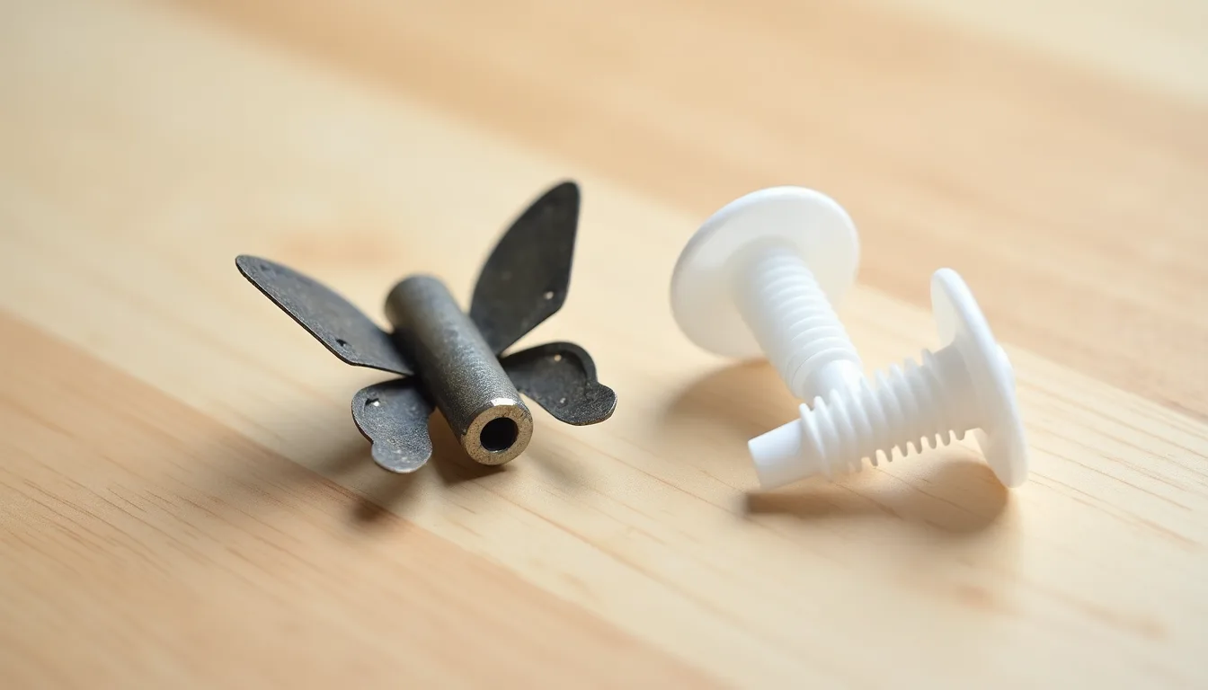 Close-up on a pale timber bench of a metal spring toggle fixing with its wings splayed open beside two white plastic expanding plasterboard plugs, all of them small next to the load a television applies