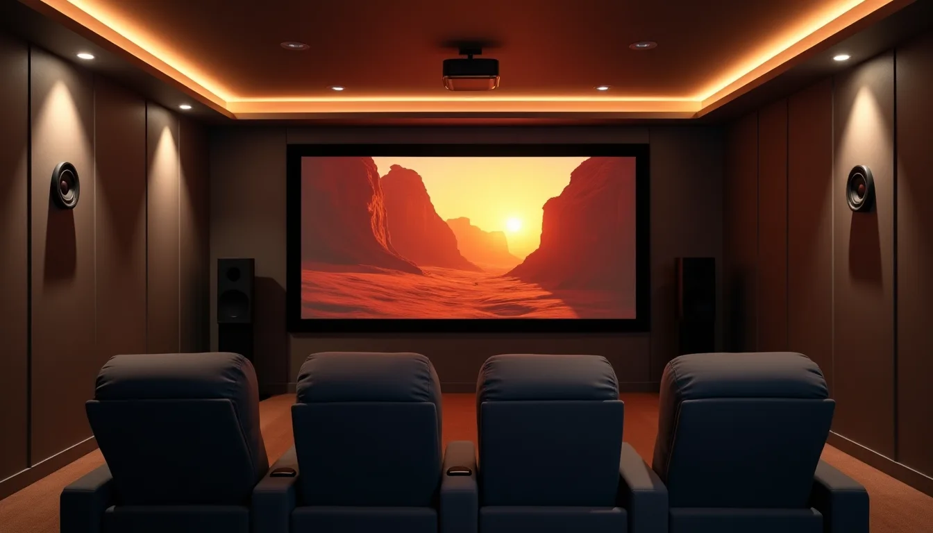 Home cinema room with recliner seating facing a lit projection screen showing a desert canyon at golden hour, surround speakers mounted high on each side wall