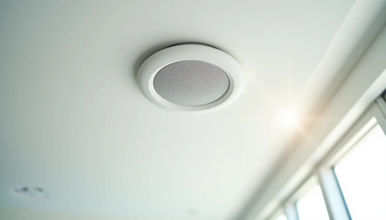 Round white in-ceiling speaker fitted flush into a smooth plasterboard ceiling, photographed from below