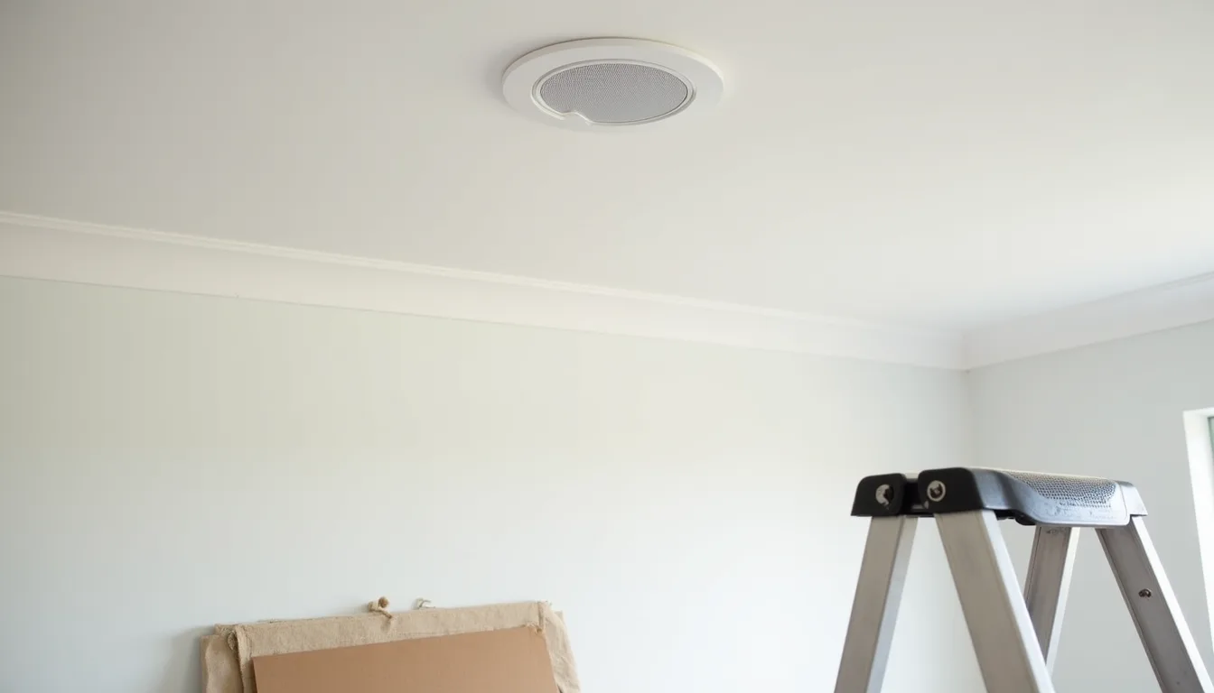 A round white in-ceiling speaker installed flush into the white plasterboard ceiling of an empty room, with an aluminium stepladder standing beneath it and a sheet of board leaning against the wall on a drop sheet