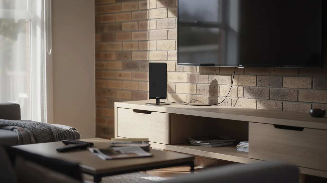 Small indoor TV antenna on a media console beside a wall-mounted television