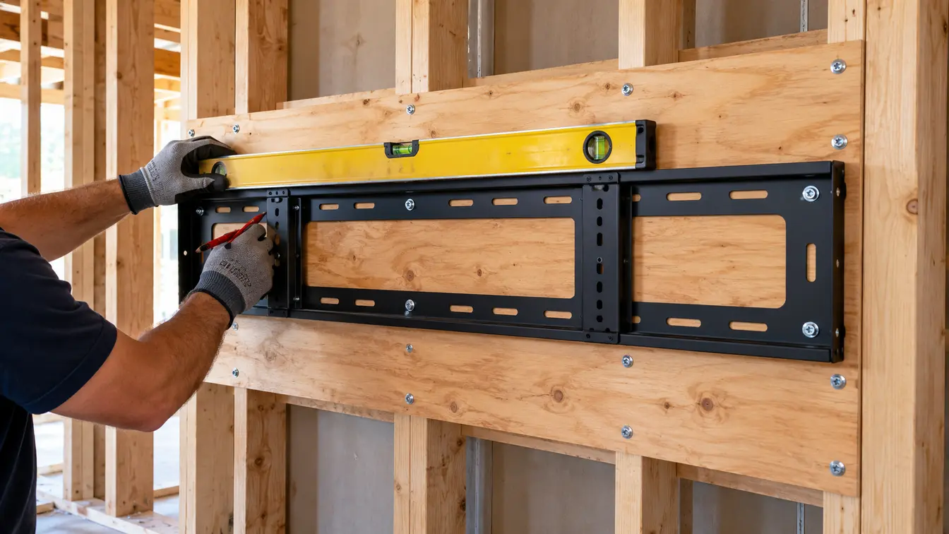 Heavy-duty television bracket levelled against broad structural backing secured across multiple timber studs, spreading the load before plasterboard is installed