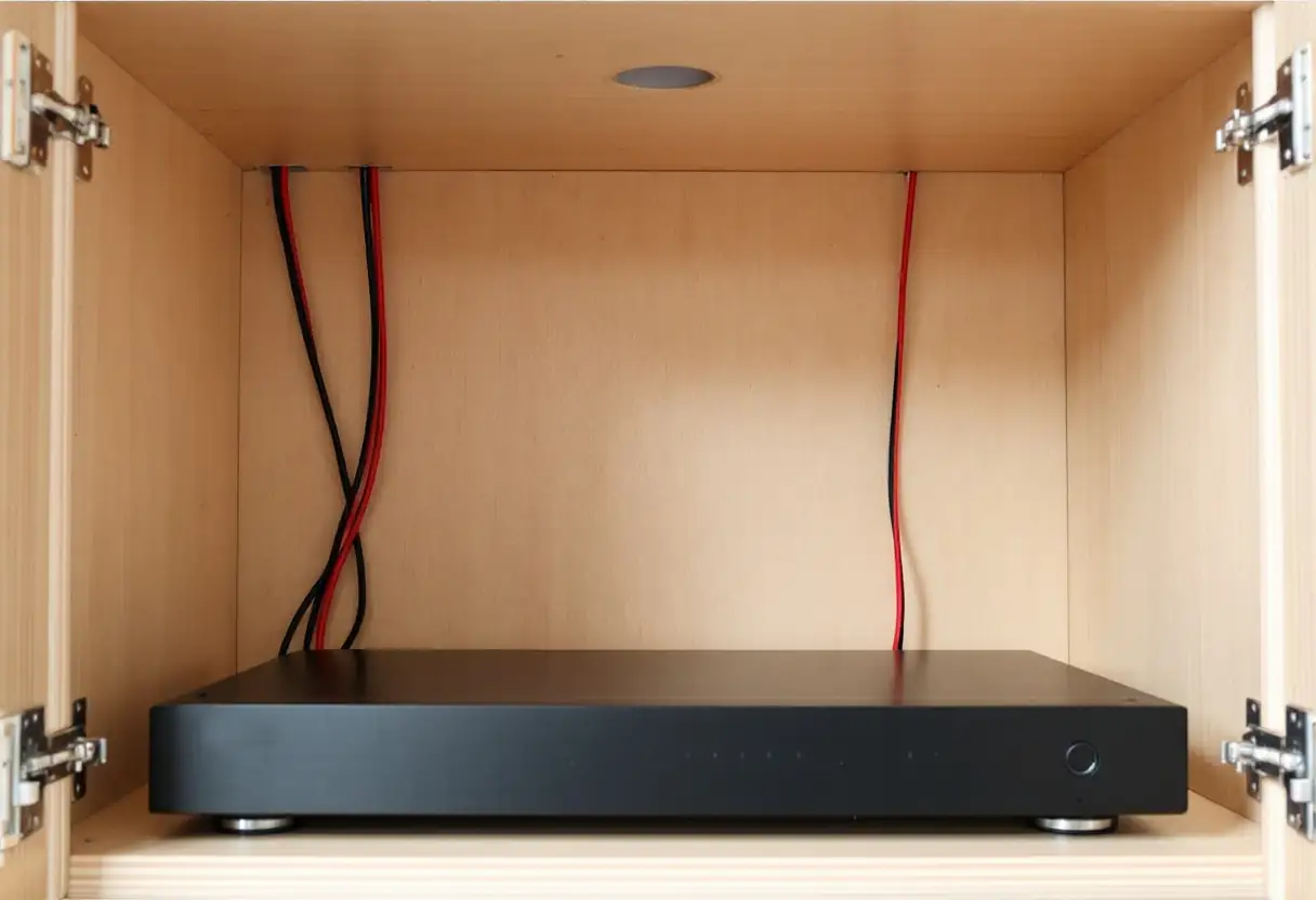 Low black multi-zone amplifier sitting on a shelf inside an open joinery cupboard, with three pairs of red and black speaker cables dropping down the back of the cupboard from a hole in its top panel and running behind the unit, and clear space above it