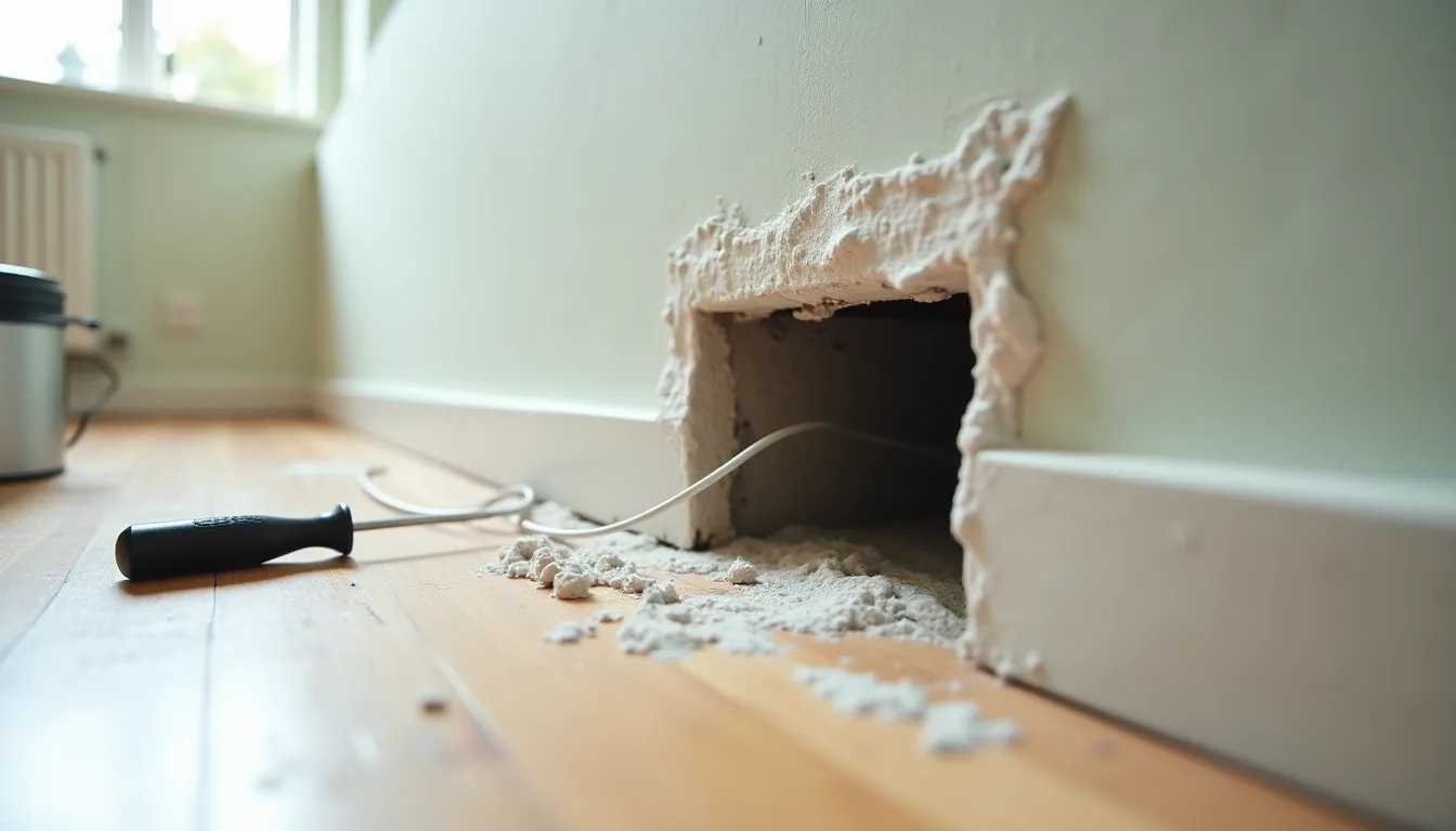 Opening cut low in a plasterboard wall for a new television outlet with a white coaxial cable pulled through, plaster dust and a screwdriver on the floorboards below