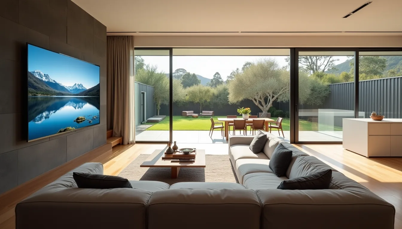 Open-plan Australian living area with a television on a dark stone wall showing snow-capped mountains above a still lake, sliding doors open to a courtyard