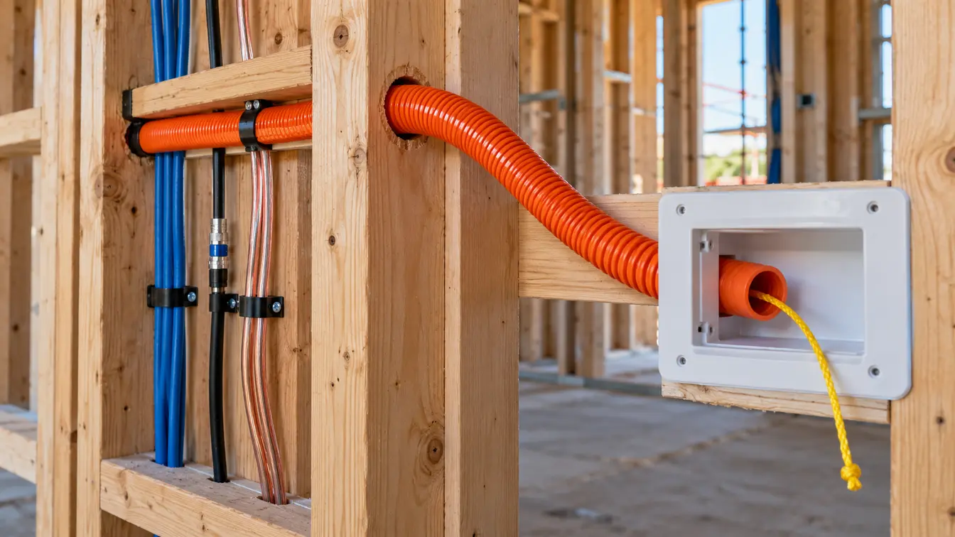 Oversized orange communications conduit with a yellow draw string terminating at a recessed AV wall box in an open timber frame, ready for future television and home theatre cables