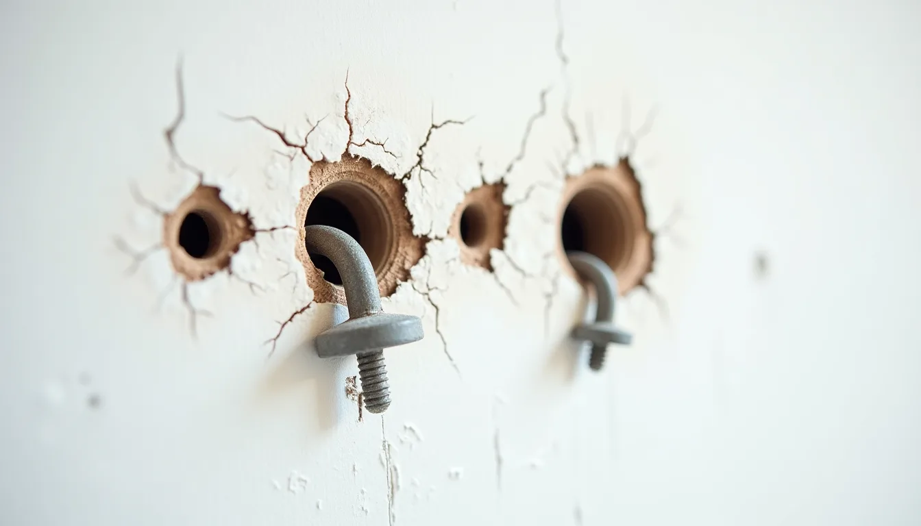 Close-up of four coin-sized holes torn through painted plasterboard with cracks radiating from them and two bent metal wall anchors still hanging, plaster dust streaked down the wall below