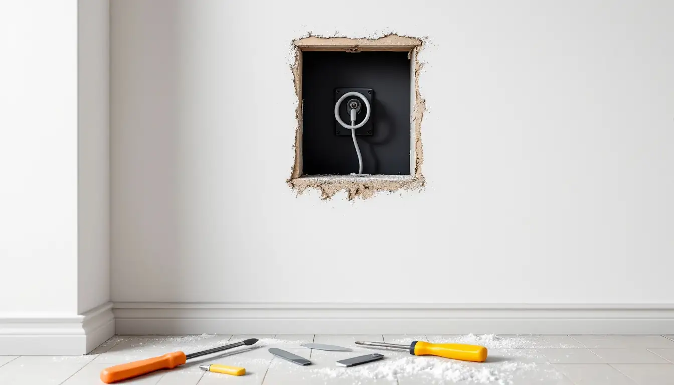 Rectangular opening cut in a white plasterboard wall at chest height, showing the dark wall cavity behind it with a black mounting box fixed inside and an electrical cable looped through into the opening, with a screwdriver, a trowel and plasterboard dust on the floor below