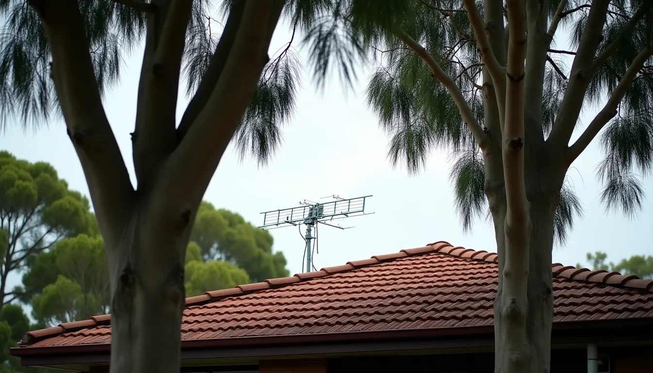 Rooftop television antenna on a tiled roof seen from the ground, largely obscured behind the canopy and branches of two tall eucalyptus trees in the front yard