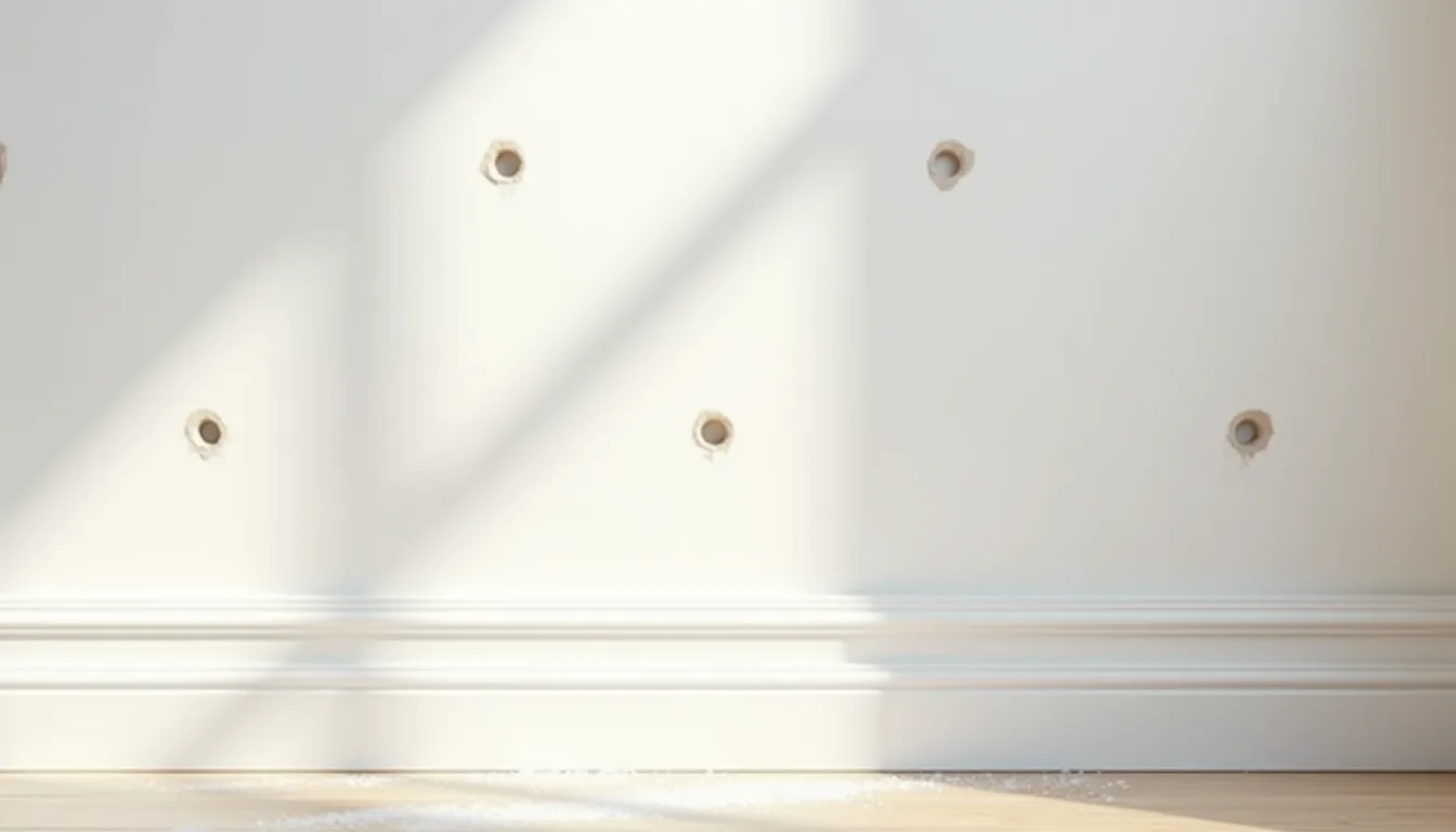 Close-up of a white painted wall showing several small open screw holes left behind after a bracket has been taken off, each ringed with a little chipped plaster, with dust on the floor below