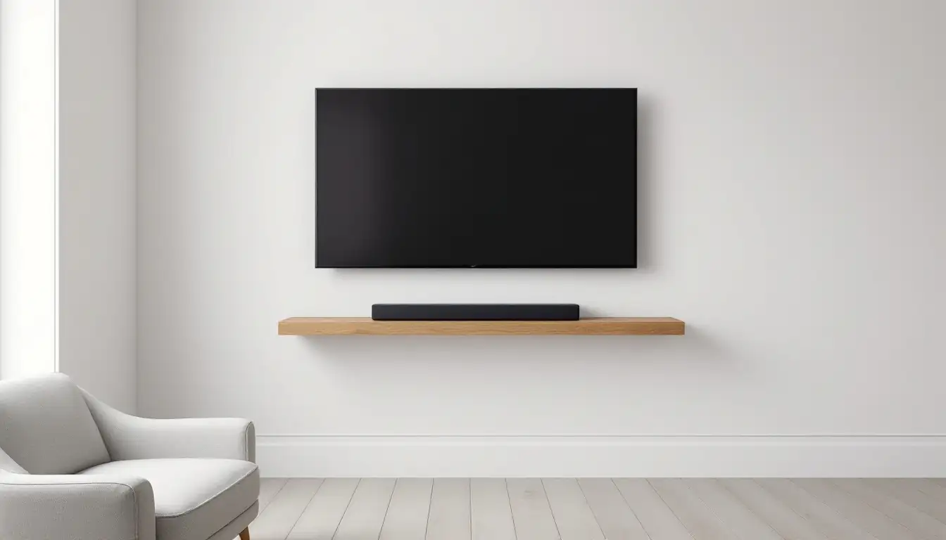 Slim black soundbar sitting on a floating timber shelf fixed to a white wall directly below a wall mounted flat screen television, with the shelf running slightly wider than the bar and no visible brackets underneath it