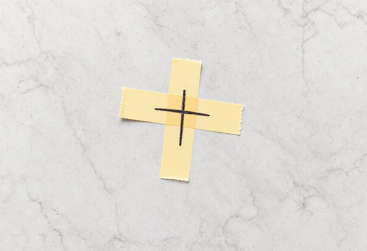 Close-up of the face of a large pale grey tile with two strips of masking tape crossed over it and a pencil cross marked at the centre, showing where a hole is about to be drilled