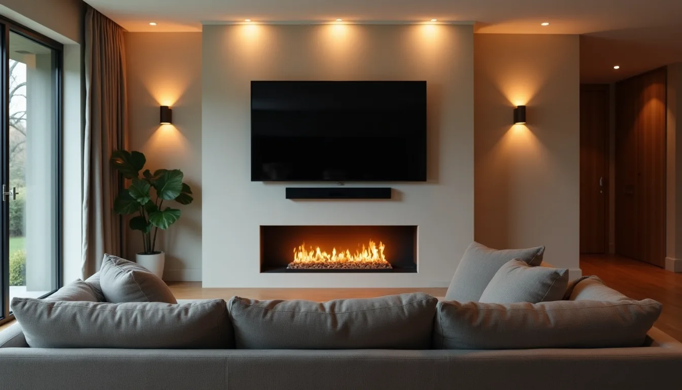 Television mounted high above a modern flush gas fireplace, with a sofa in the foreground showing how far up the screen sits