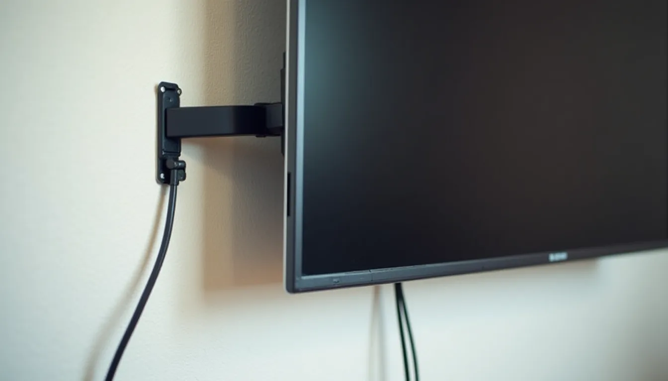 Close-up from behind a wall-mounted television eased away from the wall on its bracket arm, showing the steel arm, the gap to the plaster and cables looping down to a wall plate, the screen switched off during installation
