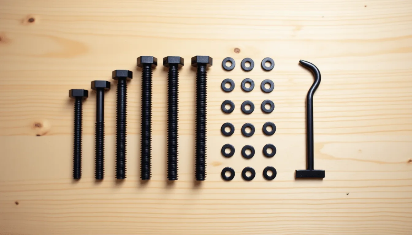 Overhead view on a pale timber bench of the hardware supplied with a television bracket: six black bolts laid out in order from short to long, a grid of small black washers and spacers, and a folded metal spanner