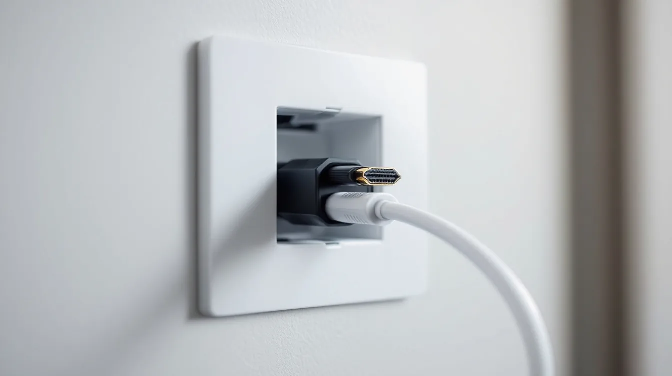 Recessed cable entry plate in a plasterboard wall with HDMI and coaxial leads running into the cavity