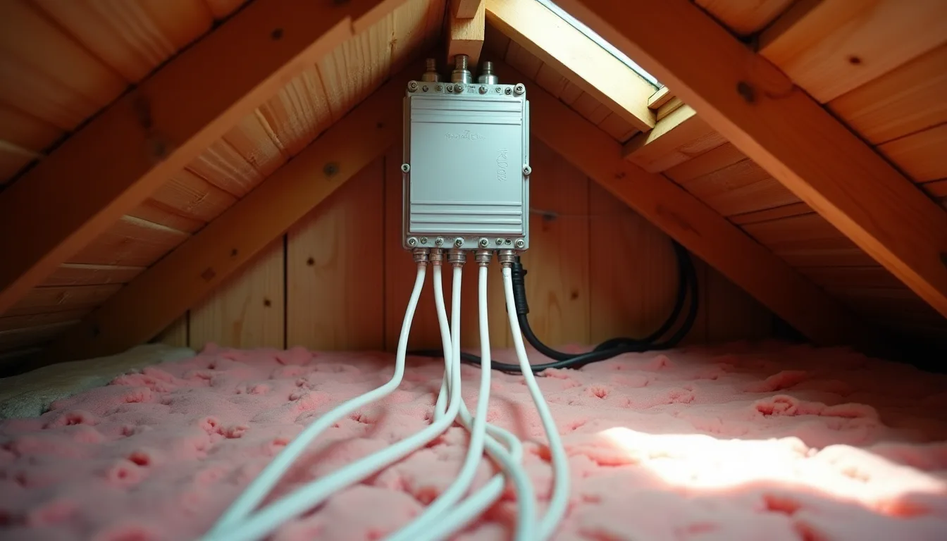 Distribution amplifier mounted on a timber roof truss with coaxial cables running out of its outputs across pink insulation batts