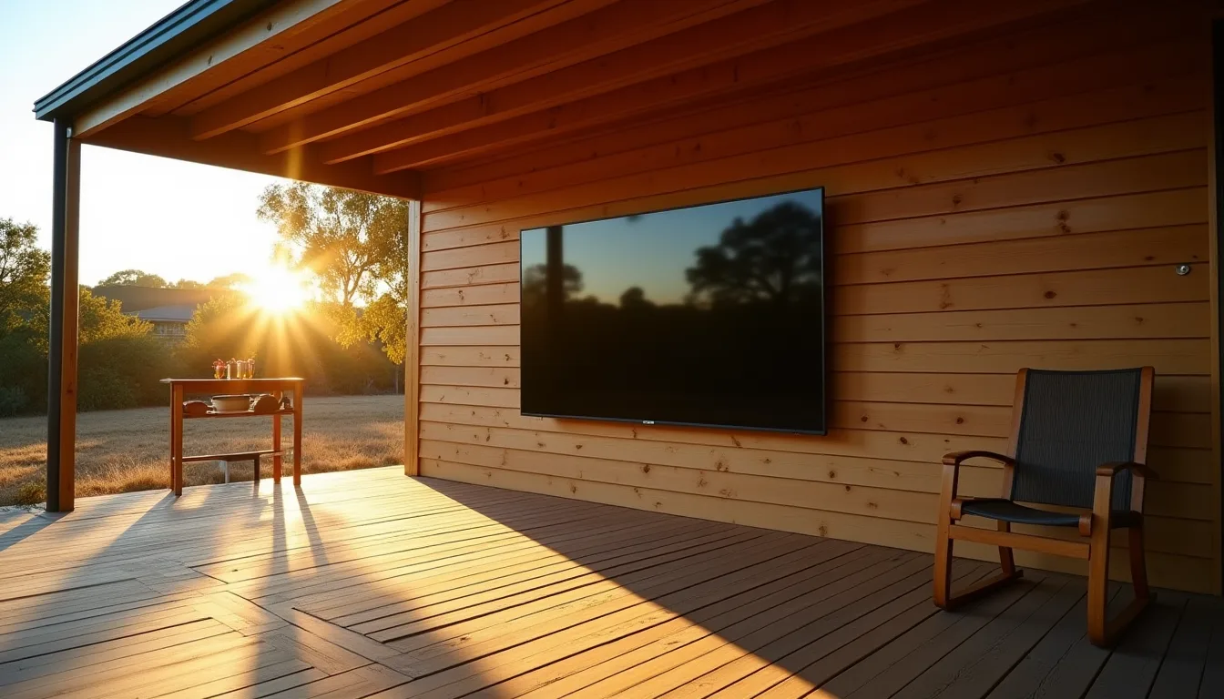 Wall-mounted television on a timber deck with low late-afternoon sun striking the screen, which reflects the trees and bright sky instead of showing a picture
