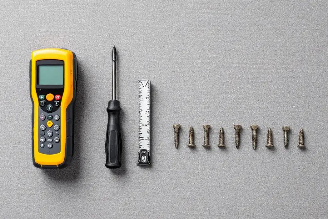 Installer's tools laid out in a row on grey cloth, seen from above: a handheld electronic stud finder, a screwdriver, a steel tape measure and a line of nine heavy coach screws of varying lengths