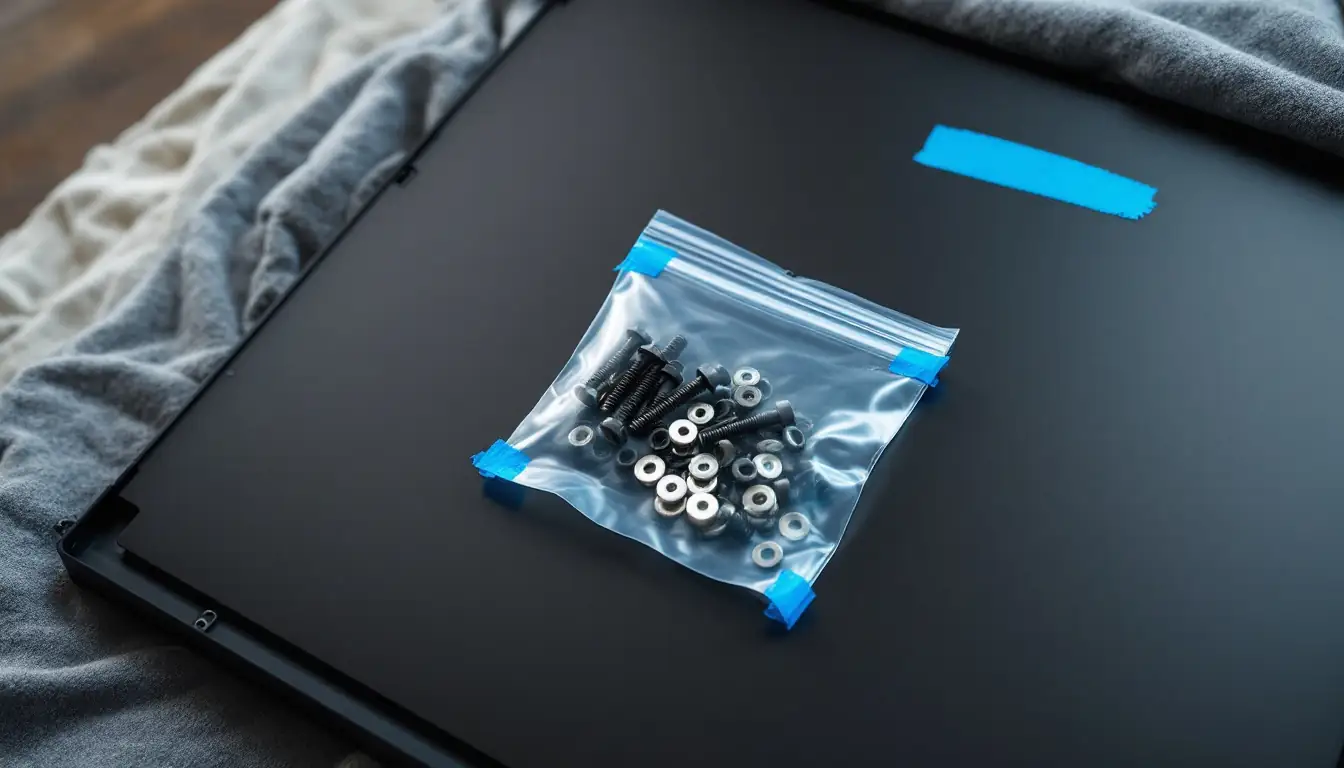 Small clear zip lock bag holding black machine bolts, washers and cylindrical spacers, taped flat with strips of blue masking tape to the dark rear panel of a flat screen television that is lying face down on a folded grey moving blanket