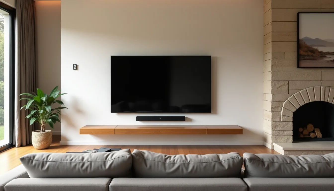 Living room with a flat screen television wall mounted at seated eye level on a plain wall, a slim black soundbar on a long floating timber shelf beneath it and a grey sofa facing it in the foreground, while a stone fireplace with a framed artwork above it sits on the adjacent wall to the right