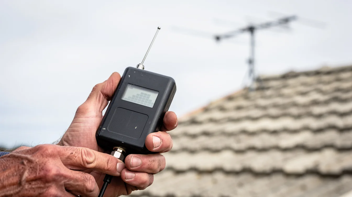 Technician taking a reading with a handheld digital signal meter