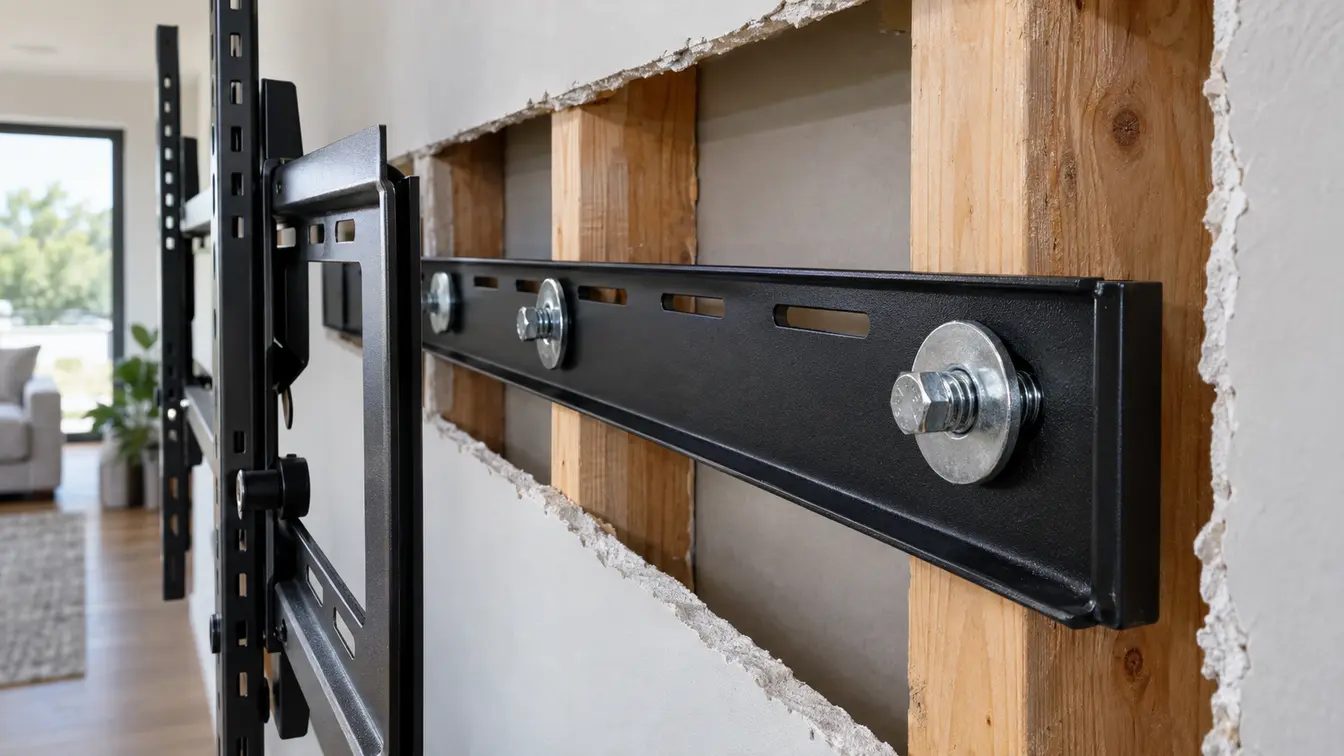 Close technical view of a heavy-duty television bracket rail secured with large coach screws and washers directly into structural timber studs behind an opened plasterboard wall