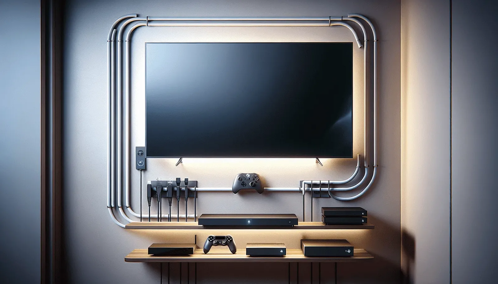 Cables routed inside the wall cavity behind a mounted TV
