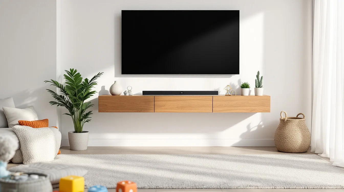 Television wall-mounted above a floating timber shelf with no visible cables and toys on the rug below
