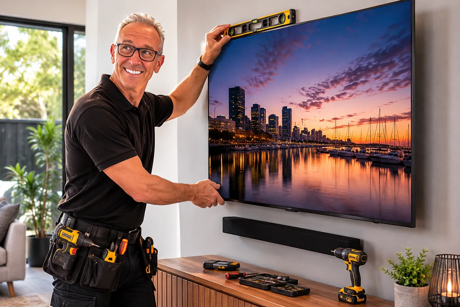 Steve Funke levelling a wall-mounted television during an installation
