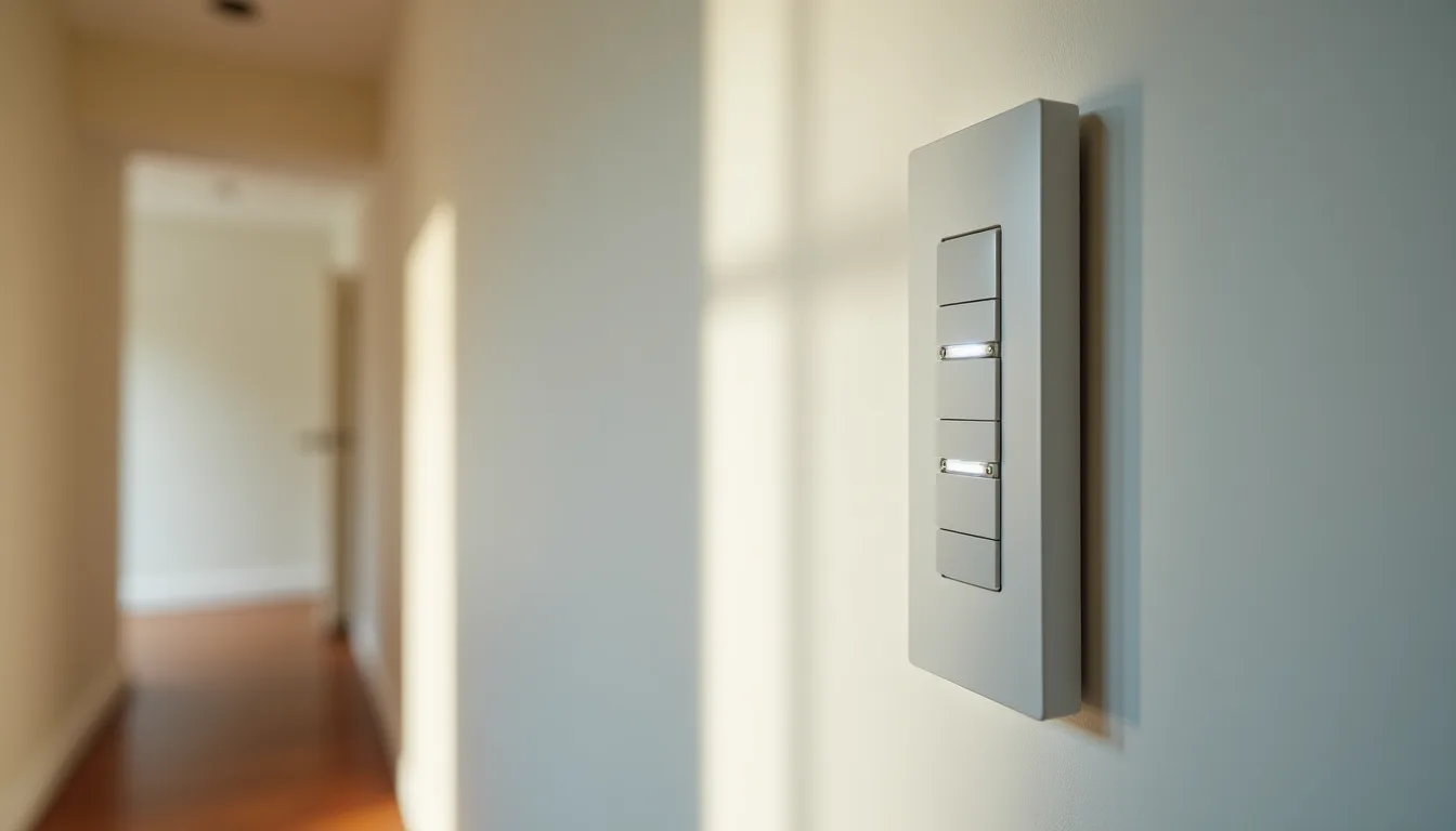 Slim white wall-mounted control keypad with five blank buttons set flush into a plasterboard wall beside a doorway, one button softly backlit, with a hallway out of focus behind it
