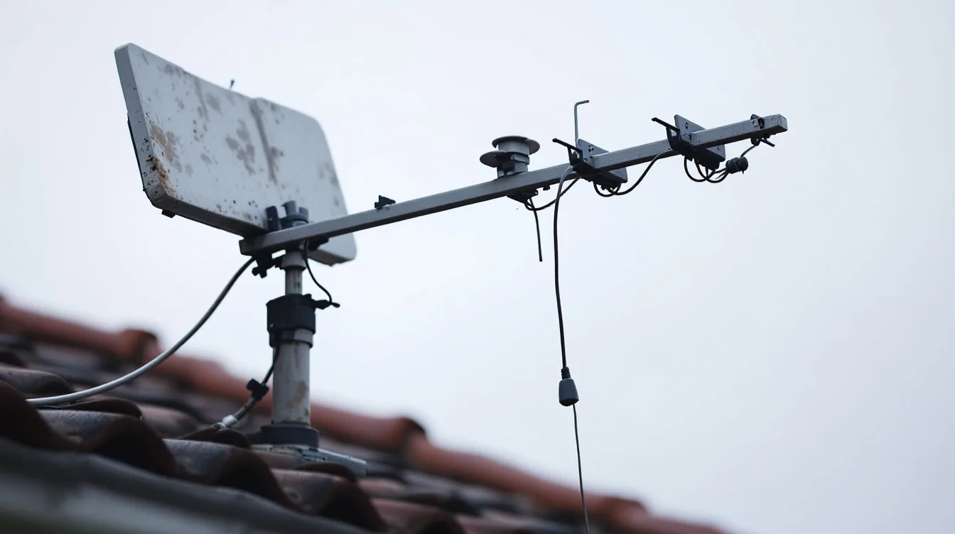 Weathered rooftop television antenna on a tiled roof with the coaxial downlead hanging loose from the mast